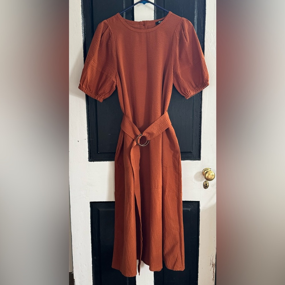 Madewell Seersucker Belted Midi Dress - size M - Picture 3 of 7